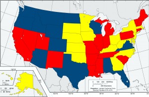 This map represents the status of Erin's Law throughout different states in the country. Red states have already passed the law, yellow states have introduced the law, and blue states are still in the process of introducing the law. Erin's Law will make sexual abuse education mandatory for students.  