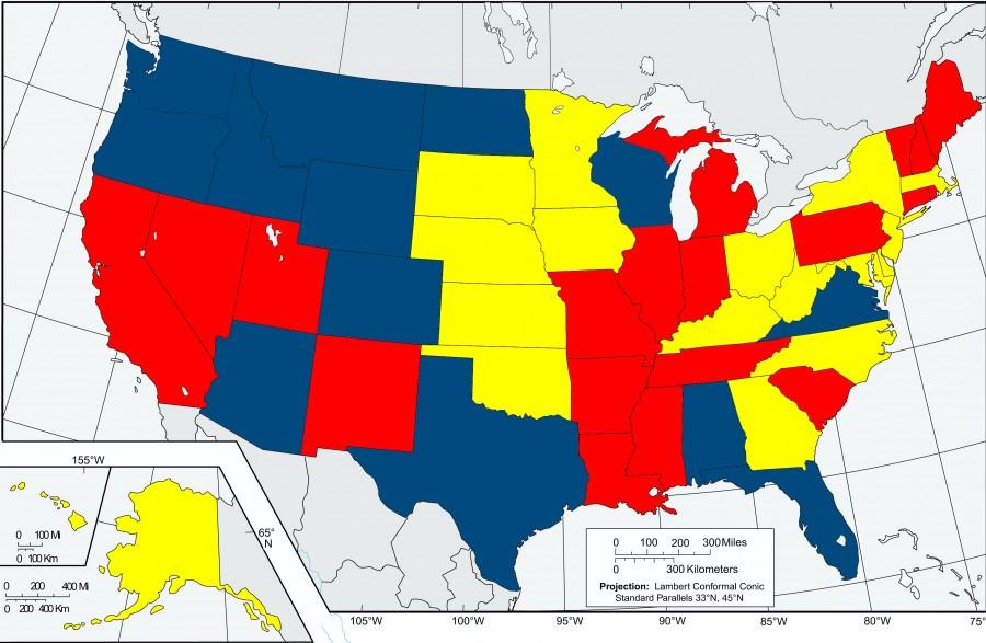 This map represents the status of Erins Law throughout different states in the country. Red states have already passed the law, yellow states have introduced the law, and blue states are still in the process of introducing the law. Erins Law will make sexual abuse education mandatory for students.  