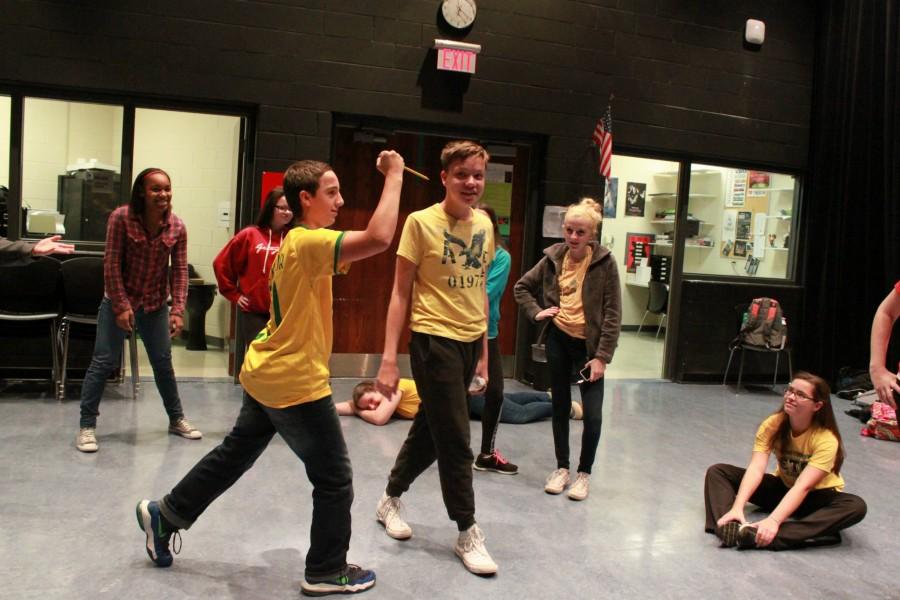 Students in Drama 1 playing an acting game. The students become roles like how celebrities change their personalities.