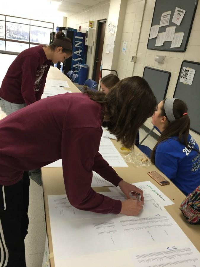 Val Dobrow, sophomore, helps get students like Mia Meyle, sophomore, to sign for Student Councils Blacklight petition. The petitions will be available for students to sign until Friday January 29.