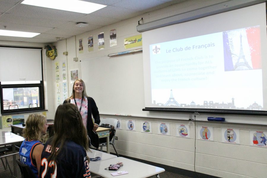 Katy Norberg, French teacher and club sponsor, introduces the newly revived French club at their first meeting. The French club will run similarly to how it did two years ago.