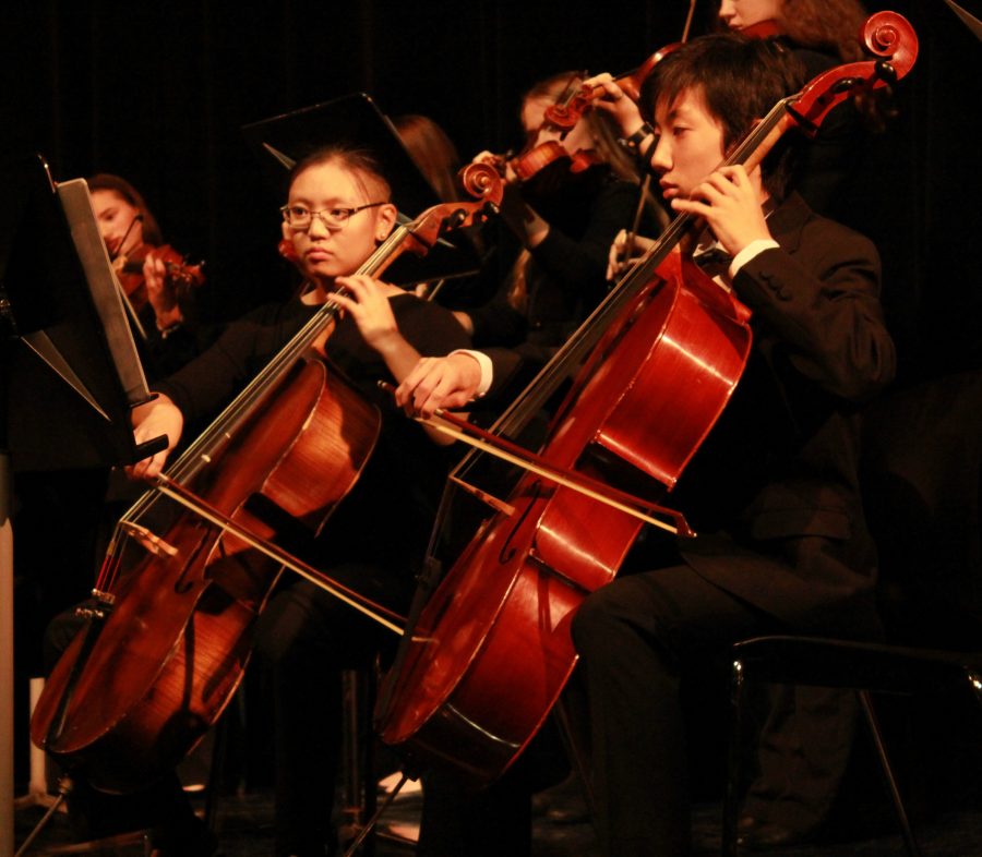 Francis Kim, senior cellist, and Daiki Shinzanto, freshman cellist, play Bittersweet Symphony during the Chamber Strings performance.