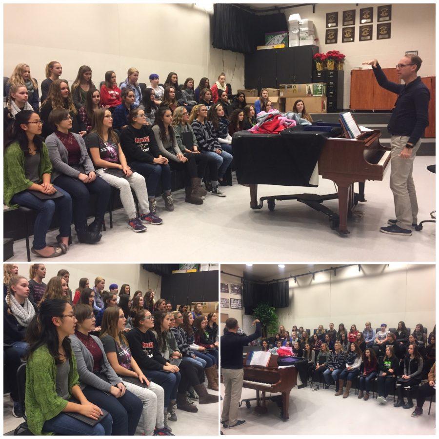 Students practice for the upcoming choir concert, rehearsing songs like Someday at Christmas as Mr. Juknelis, choir teacher, instructs them on how to improve. Although the purpose of the choir is spreading the holiday spirit, for senior choir members it will be their last holiday concert, making the event bittersweet.