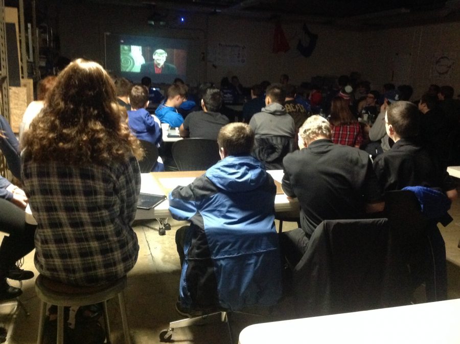 The robotics team watches the FRC live-stream announcing the 2016 season game. The entire FRC and Lego team meets on a Saturday morning to watch the game reveal.