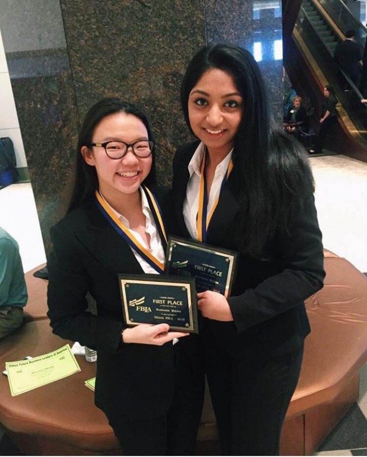 Samhita+Tamanna+and+Miriam+Chung%2C+seniors%2C+partners+for+the+second+year+in+a+row%2C+pose+with+their+awards.+Chung+and+Tamanna%2C+along+with+6+other+FBLA+members+are+headed+to+state+over+spring+break+in+Springfield%2C+IL.+