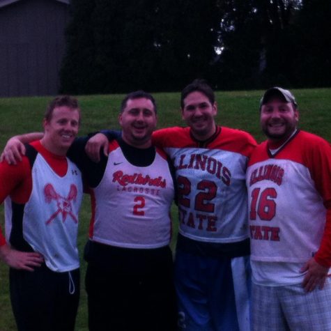 (From left to right:
Former LZHS coach Tim Holden, LZHS Head coach Mike Sutton, former LZHS coach Adam Silverstein, 
LZHS Asst. coach Chuck Vozas) all dressed in Illinois State lacrosse gear. 