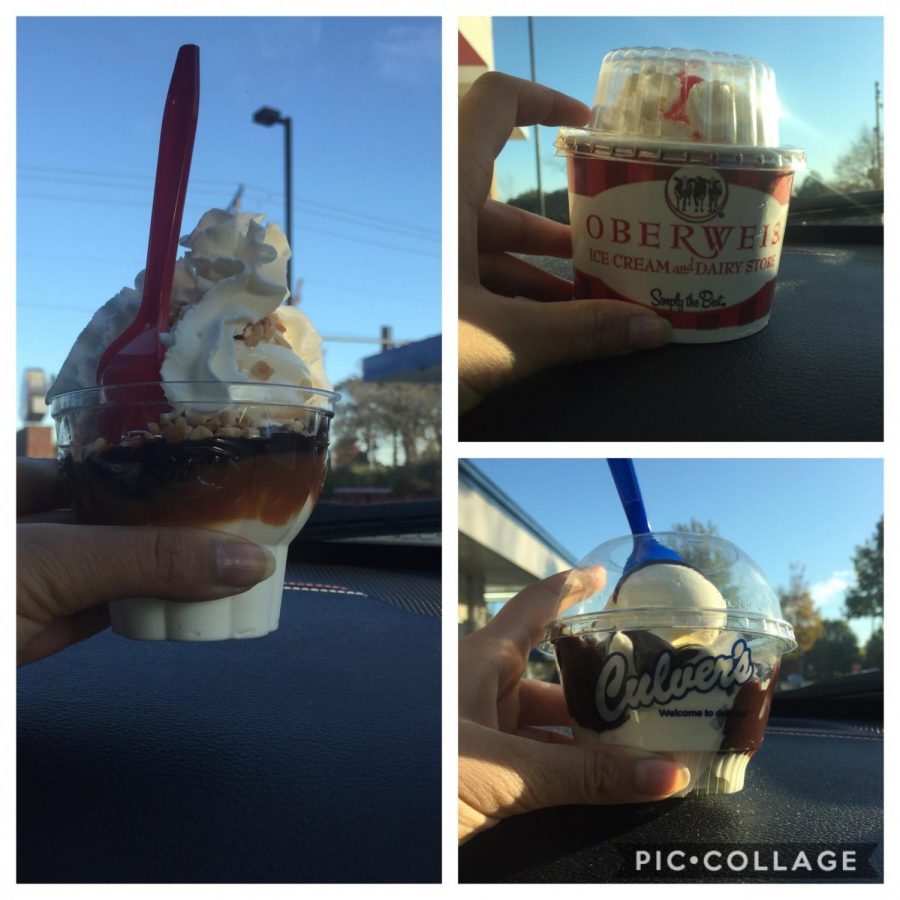 On the left we have the hot fudge sundae from Dairy Queen, the top right is the hot fudge sundae from Oberweis, and the bottom right is the hot fudge sundae from Oberweis. The best scoop in Lake Zurich is definitely from Dairy Queen! 