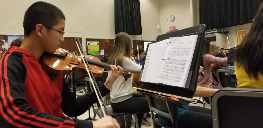 John Chen, sophomore, practicing the violin in preparation for the Symphony Orchestra concert on Friday. The Symphony Orchestra will be playing with Palatine High School and Augustana College Symphony tomorrow evening at seven pm at Messiah Lutheran Church.