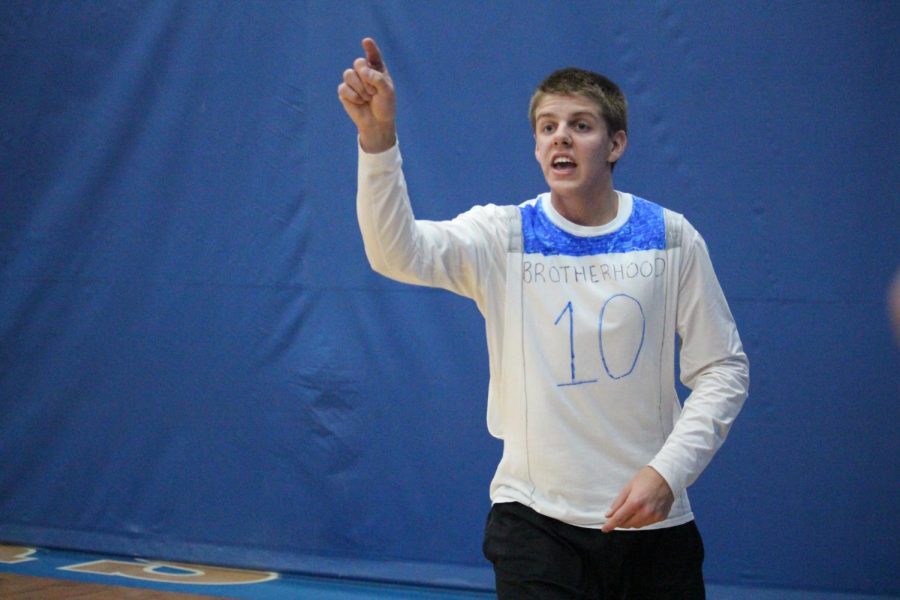 Evan Lewandowski, senior, challenges a play called by the referees. Lewandowski played in Brotherhood at the annual dodgeball tournament.