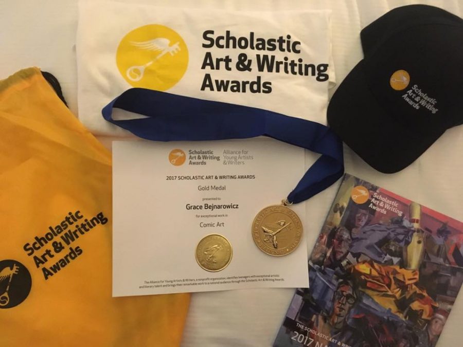 Grace Bejnarowicz, senior, was a 2017 Scholastic Art and Writing Award Gold Key recipient. Bejnarowicz spent a weekend in New York City for the awards and received a certificate, medal, hat, and bag to honor her accomplishment. 