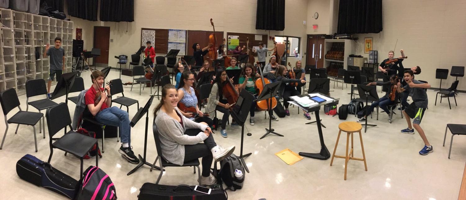Members of Bear Strings pose for a photo. Photo taken on the first rehearsal of the year. Used with permission of Nathan Sackschewsky.