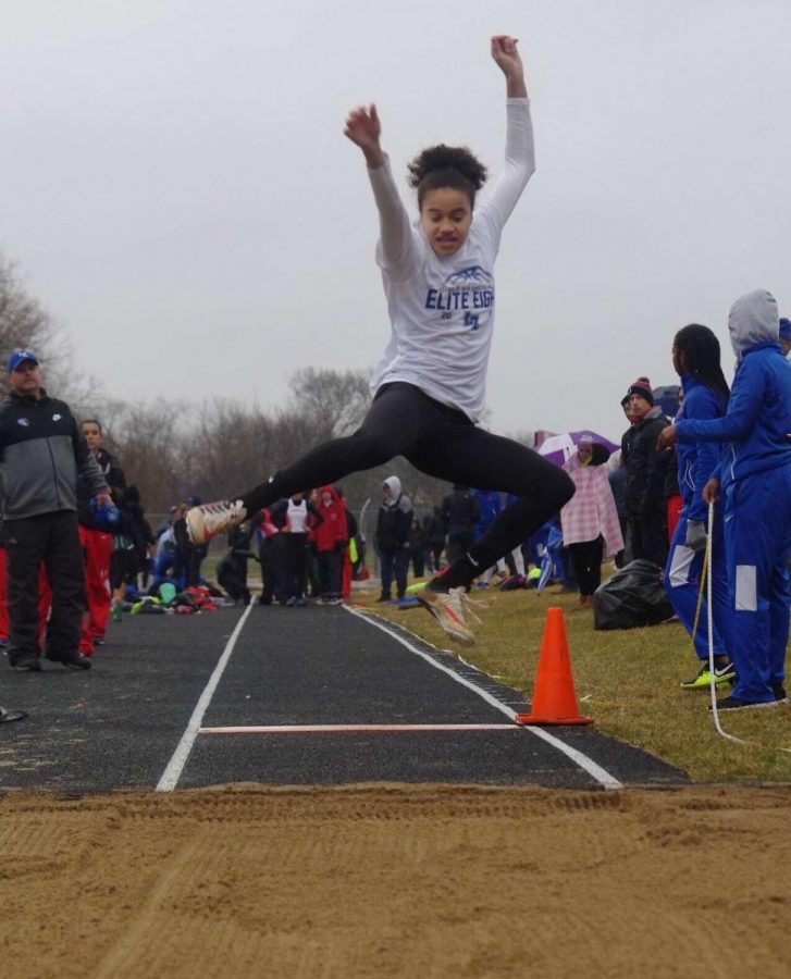 Izzy Klett performing the long jump. Klett recently achieved a score of over seventeen feet. Photo used with permission from Klett.