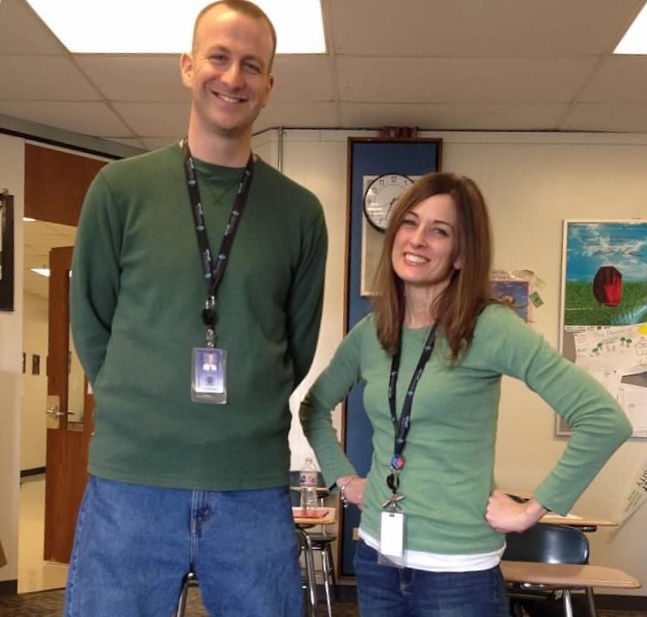 Schmitz standing with teaching partner, Mr. Voss, on St. Patrick’s Day 2018. Her decision to start teaching English to high schoolers first began with her senior-year English teacher, Mrs. Weinstein.