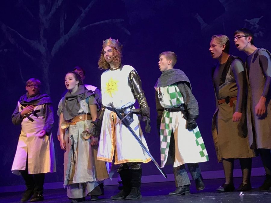 The+cast+of+Spamalot+during+rehearsal.+Countless+hours+have+been+put+into+the+musical+by+cast+and+crew.