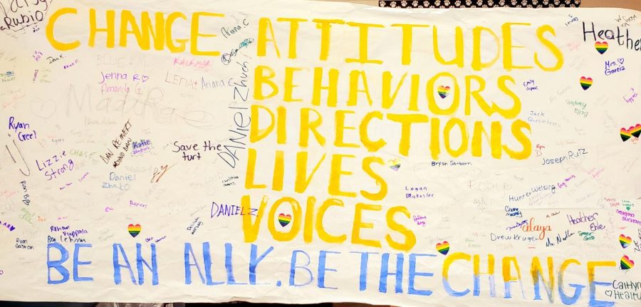 During Ally Week, students signed a banner and pledged their alliance with the LGBTQ+ community. I think a lot of the people who come up are already allies, but [Ally Week helps LGBTQ+ students] by showing other people that there are a lot of signatures on this [banner] and there are a lot more people that support us; there’s a lot of us, Joey Nemec, junior and Spectrum member, said.