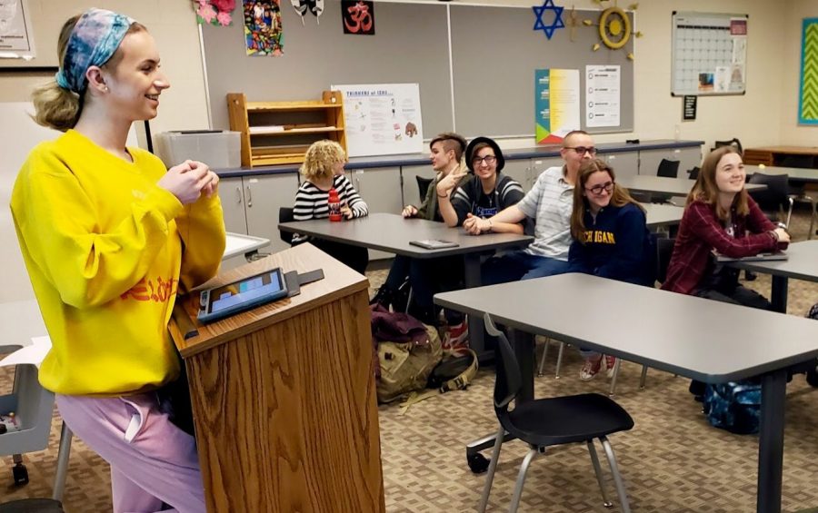 Joey Nemec, junior Spectrum leader, talks to the Spectrum club during a weekly Tuesday meeting after school. “I see the LGBT community that we’re all people who are born this way and we can’t change that,” Nemec said. “I just think we should all accept each other because [the LGBTQ+ community is]  not hurting anyone. Love is love.”