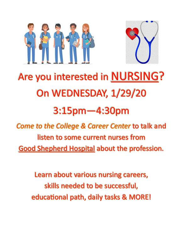 On Wednesday, January 29th. students will have the opportunity to attend a nursing career night at the high school. In collaboration with Good Shepard Hospital, students can learn more about the profession and how to start pursuing nursing early.