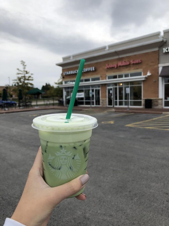 A matcha drink from starbucks. Pretty, green, and pastel, but if you closed your eyes and gave it a taste, youd never know it was matcha. 