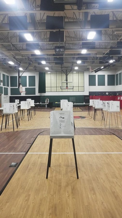 An election polling site set up with dividers to ensure no one can watch ballots being filled in.