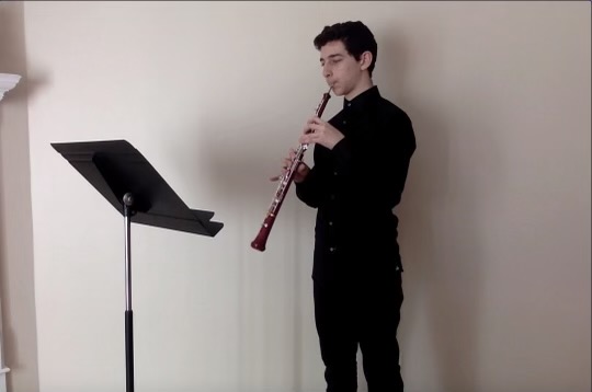 Matthew Nerenberg, sophomore and band student, in the middle of recording his oboe audition for ILMEA. Students were told to create a single video, encompassing all parts of the audition.  