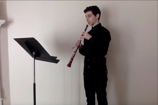 Matthew Nerenberg, sophomore and band student, in the middle of recording his oboe audition for ILMEA. Students were told to create a single video, encompassing all parts of the audition.