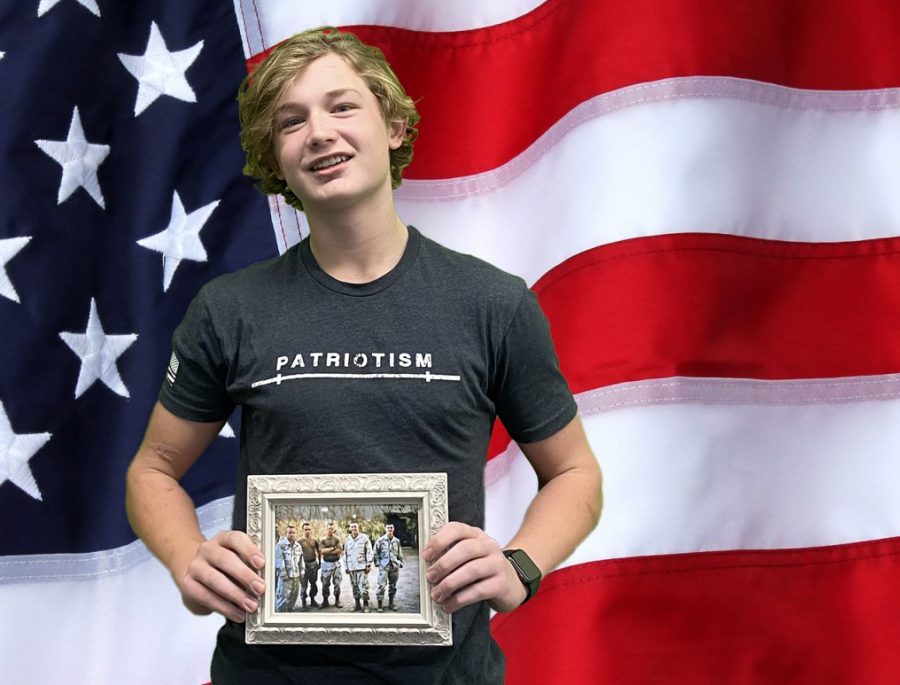 Colin Smith, sophomore, holds a picture of his father from his deployment. (Photo illustration by Sasha Kek)