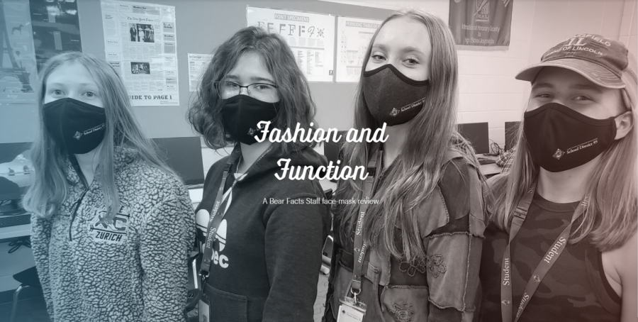 Bear Facts Student Media members, McKenzie Rough (junior), Sasha Kek (senior), Parker Carley (junior), and Lindsey Bitzer (sophomore), pose as they show off one of the masks used in the mask review experiment. 