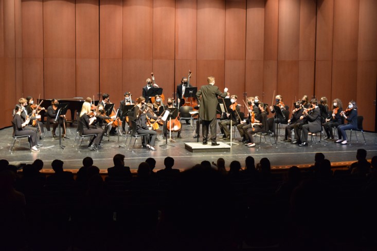 Orchestra+students+are+performing+on+stage+again+with+a+live+audience.