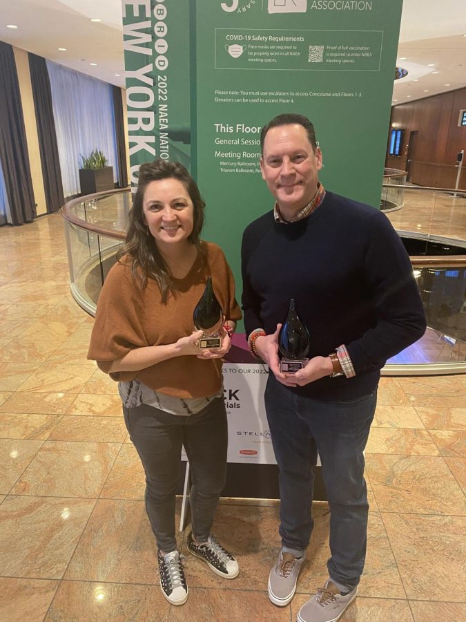 Kristen LaJeunesse and Matthew Winkleman with their Design Interest Group awards. The two were co-nominated for a national award. 