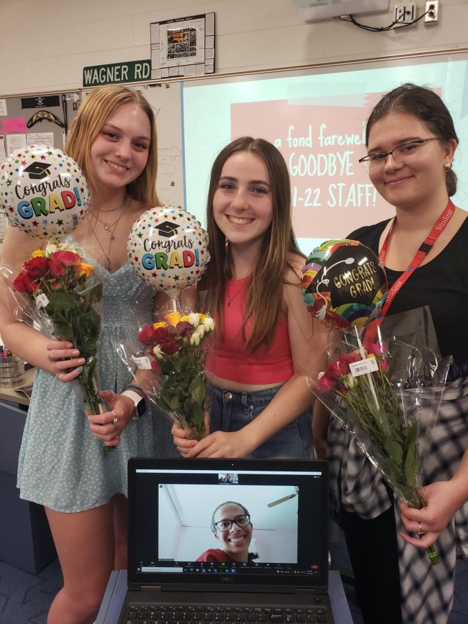 The seniors of Bear Facts pose together at their farewell party during class on their last day of school.