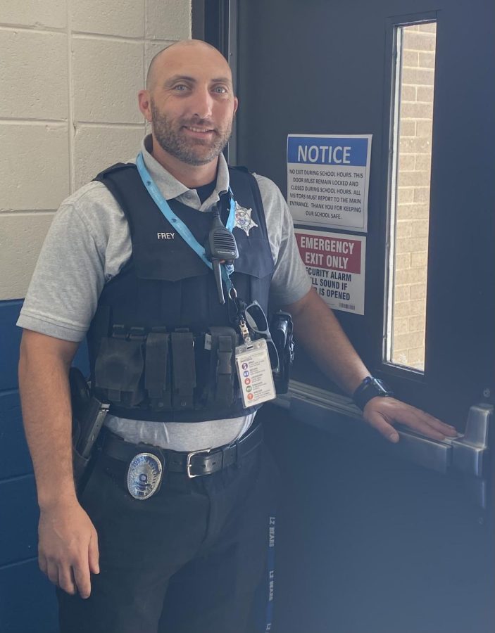 Officer Frey standing by an exit to the building. Security often stand by the exits to make sure students don’t leave from the wrong place. 