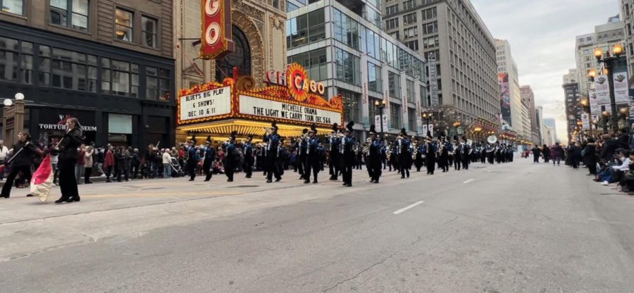 The LZHS Marching Band preforming “The Imperial March” on State Street. The Chicago Thanksgiving Day Parade featured bands from 18 other schools and universities as well as performances by numerous other groups. 