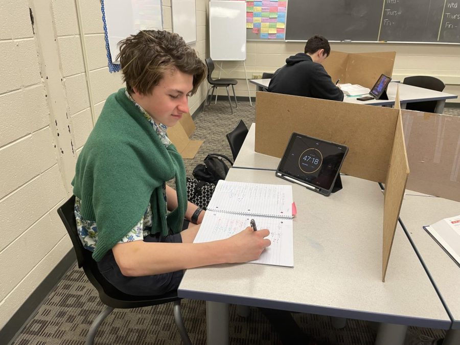 Caiden+Schuring%2C+sophomore%2C+works+on+an+assignment+with+the+extra+time+he+gets+from+his+accommodations.+Schuring+says+that+his+accommodations+are+helpful+in+completing+his+schoolwork.+He+usually+gets+about+an+hour+of+extra+time+to+complete+assessments.+