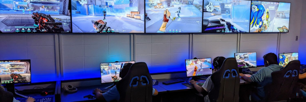 The E-Sports Varsity team plays Valorant in the game room. Since receiving a new computer lab, the E-sports Club has been expanding their presence at Lake Zurich by streaming gameplay of their competitions. 