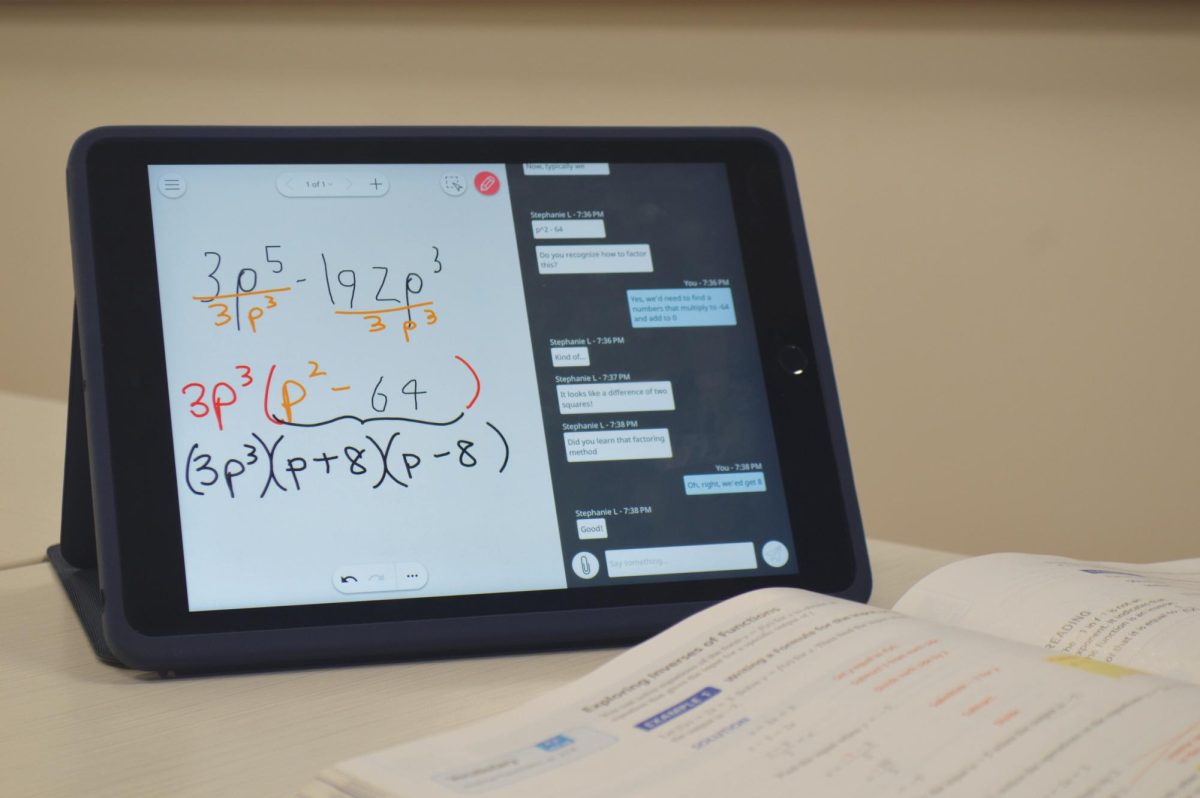An iPad displays Varsity Tutors 24/7 online chat feature. Students can meet with an online tutor in under five minutes to help with anything from  math homework to English papers.