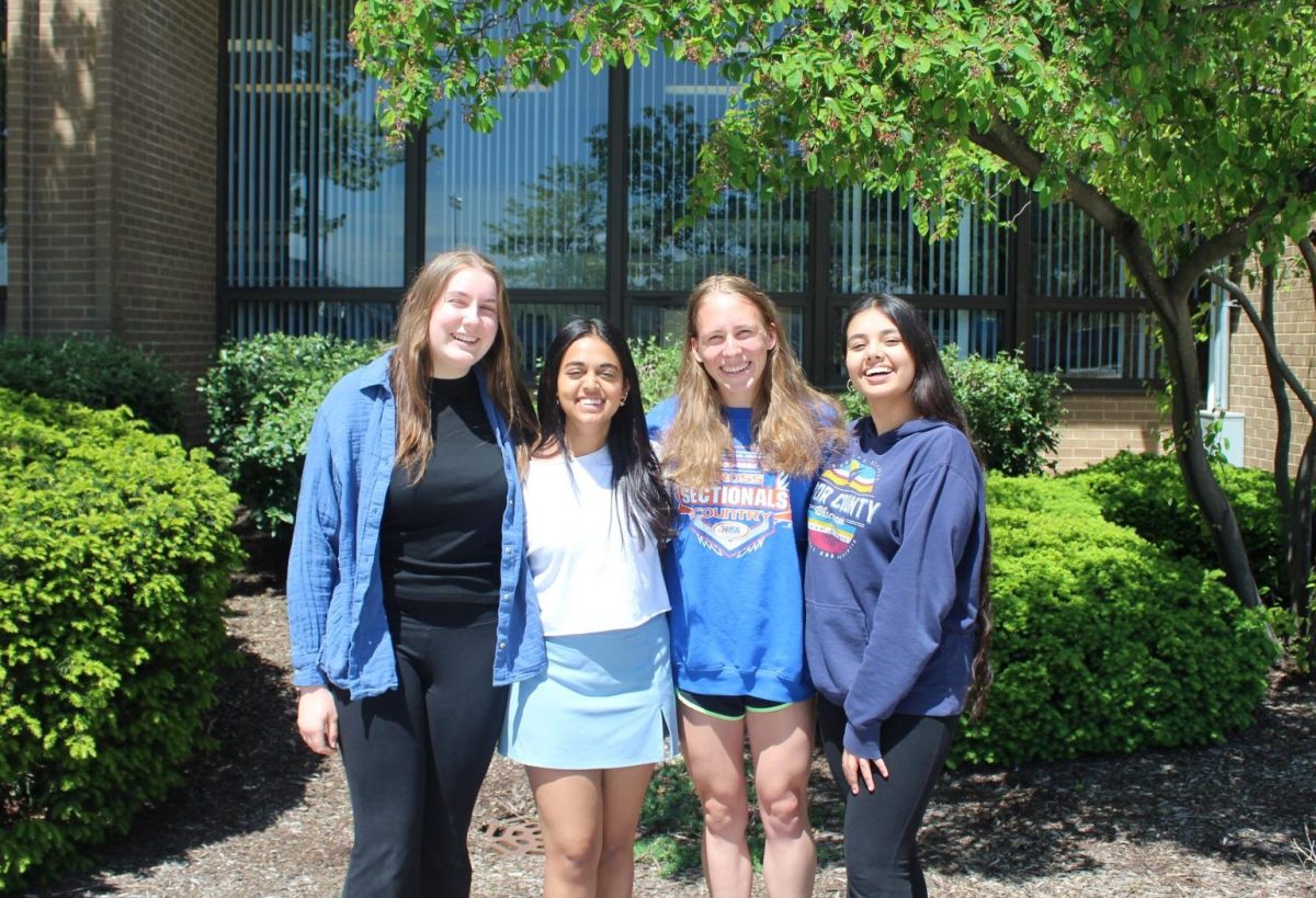 Bear Facts seniors, (from left to right) Emma Harper, Sashrika Shyam, Lindsey Bitzer, and Gurneer Sidhu, pose outside of the school. Each of them have made lasting memories while in the program and say that they will miss one another when they head off to college.