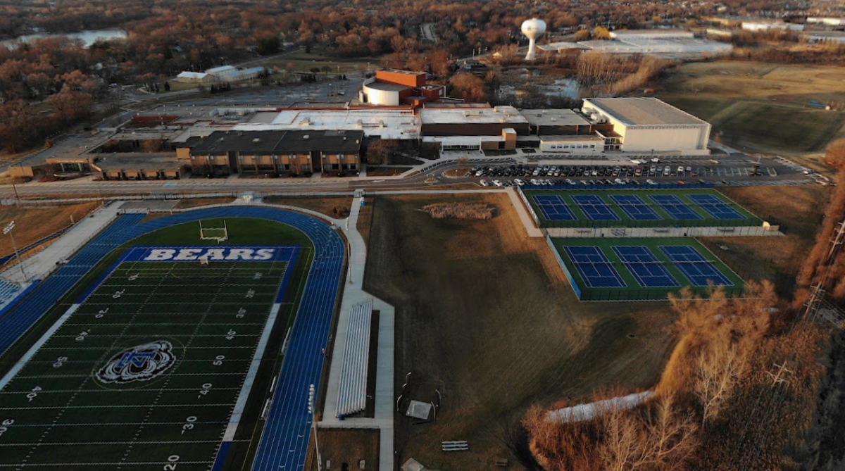 Aerial view of Lake Zurich High School in the sunset. The incident occurred in the main entrance, which is the area to the front left of the tennis courts.